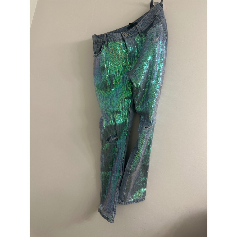 Forever 21 Iridescent Green Sequin Distressed Jeans